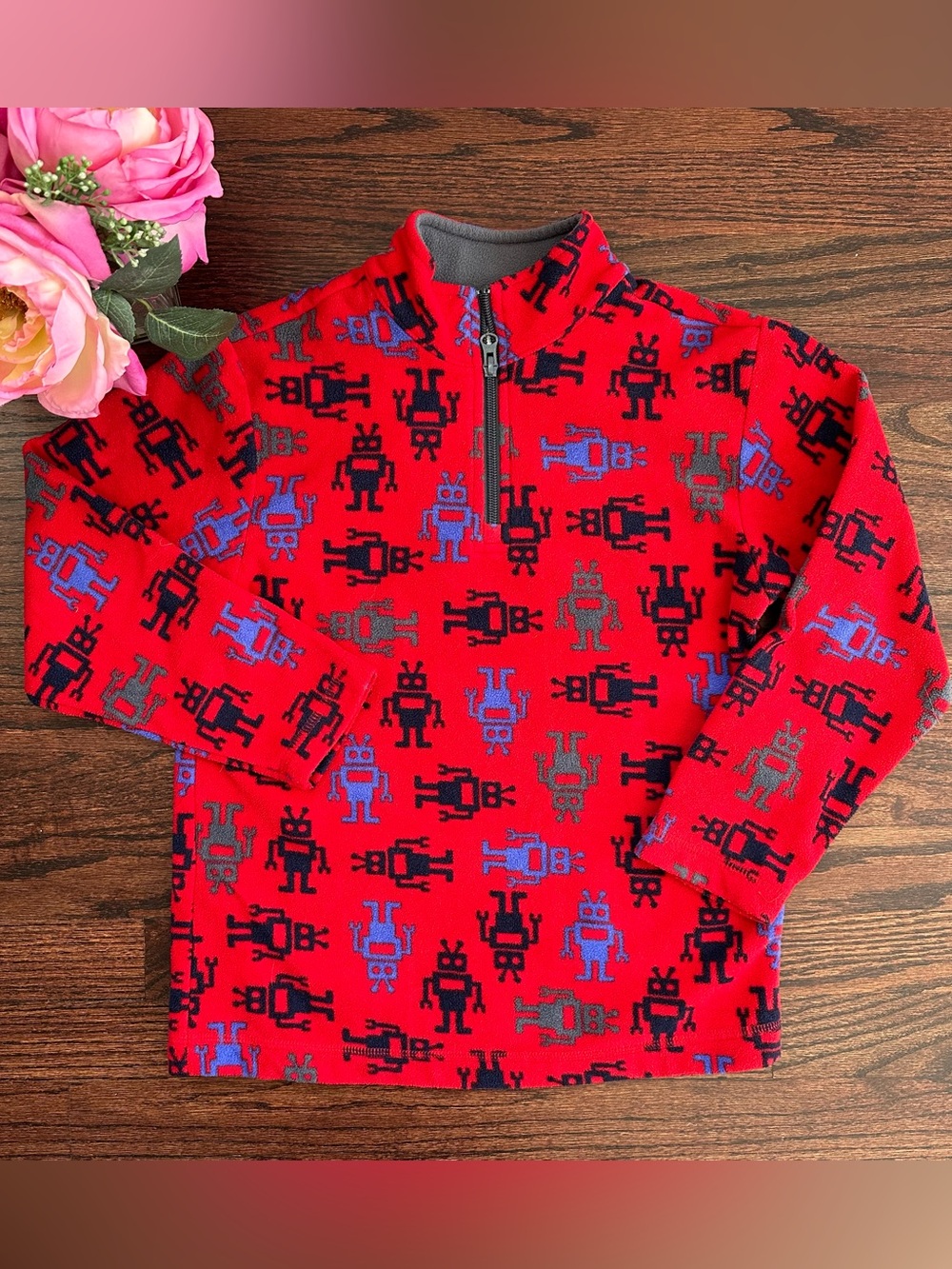 Hanna Andersson robot print fleece 1/4 zip pullover, size 130/8US